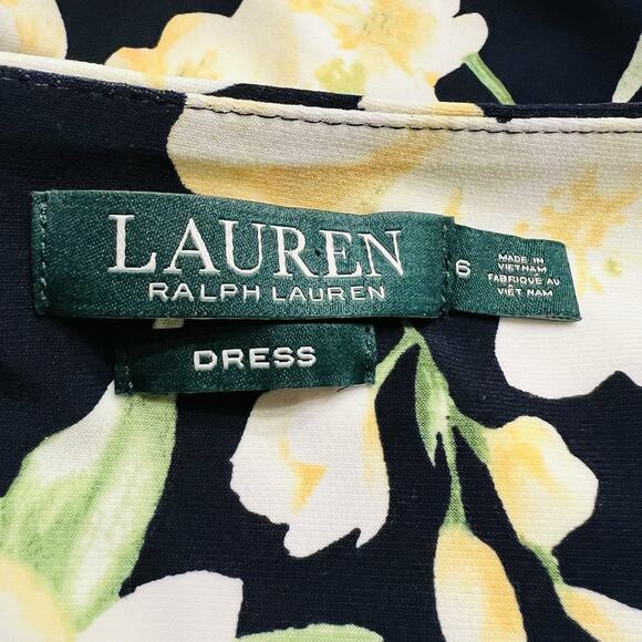 Lauren Ralph Lauren Dress Women 6 Navy Blue Yellow Floral V-Neck (A0132) - Picture 5 of 6